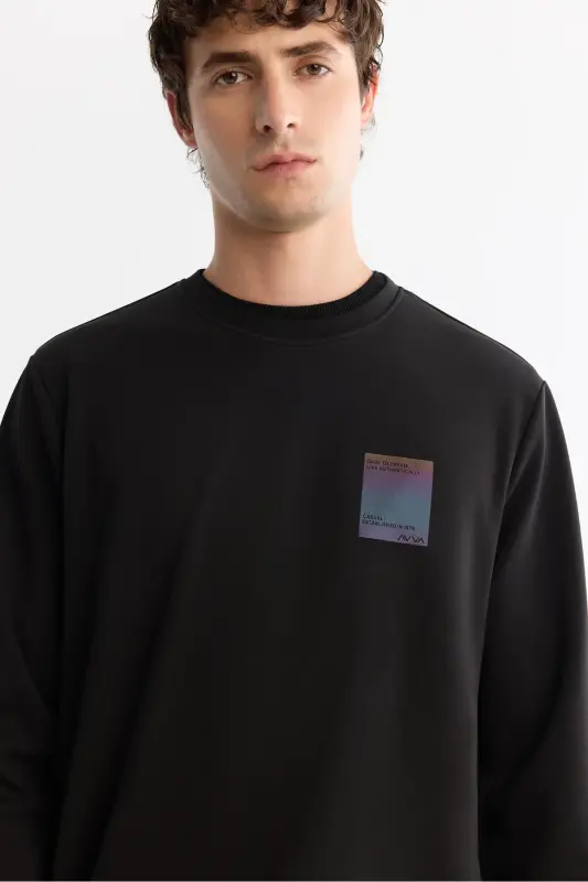 Men's Black Crew Neck Cotton Printed Elastane - 2
