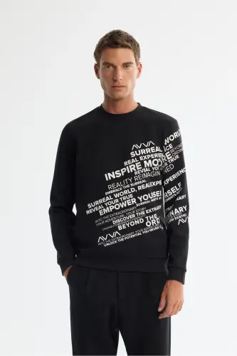 Men's Black Crew Neck Cotton Printed Sweatshirt 