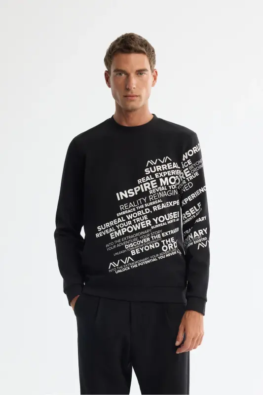Men's Black Crew Neck Cotton Printed Sweatshirt - 1