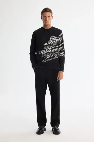 Men's Black Crew Neck Cotton Printed Sweatshirt - 5