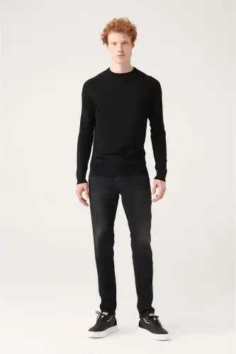 Men's Black Crew Neck Jacquard Rayon Slim Fit T-Shirt - 5