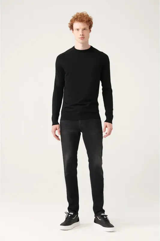 Men's Black Crew Neck Jacquard Rayon Slim Fit T-Shirt - 5