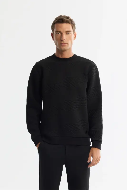 Men's Black Crew Neck Printed Elastane Sweatshirt - 1