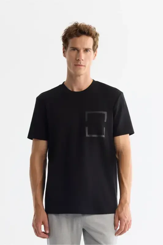 Men's Black Crew Neck Printed Elastane T-Shirt A42Y1020 - 1