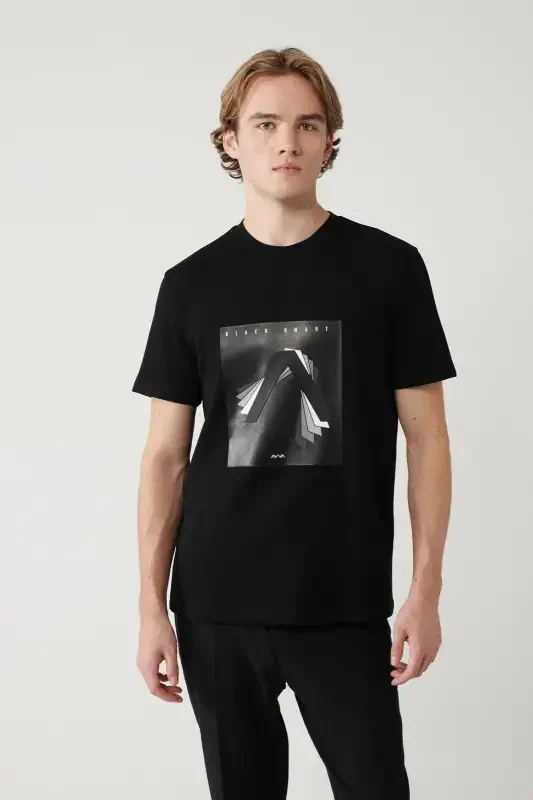 Men's Black Crew Neck Printed Interlock T-shirt A41y1008-Black - 1