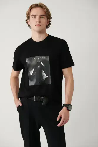Men's Black Crew Neck Printed Interlock T-shirt A41y1008-Black - 3