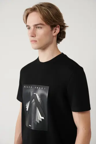 Men's Black Crew Neck Printed Interlock T-shirt A41y1008-Black - AVVA (1)