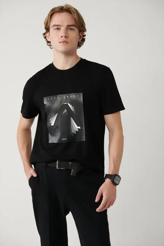 Men's Black Crew Neck Printed Interlock T-shirt A41y1008-Black - 3