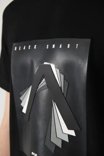 Men's Black Crew Neck Printed Interlock T-shirt A41y1008-Black - 5