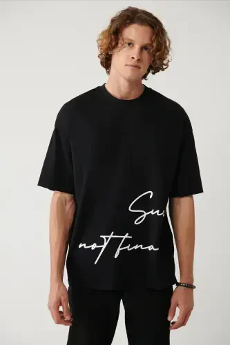 Men's Black Crew Neck Printed Oversize T-shirt A41y1038 - 3