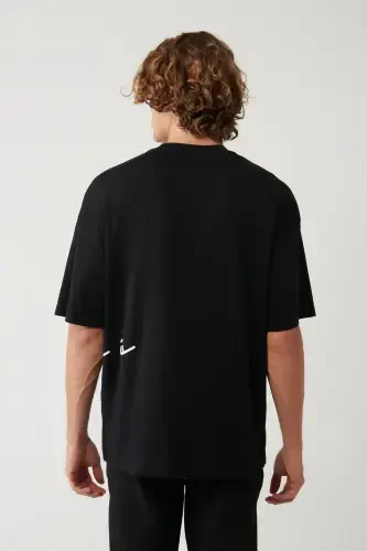 Men's Black Crew Neck Printed Oversize T-shirt A41y1038 - 4