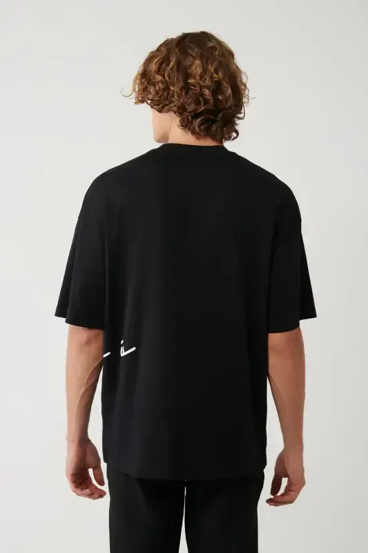 Men's Black Crew Neck Printed Oversize T-shirt A41y1038 - 4