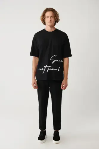 Men's Black Crew Neck Printed Oversize T-shirt A41y1038 - 5