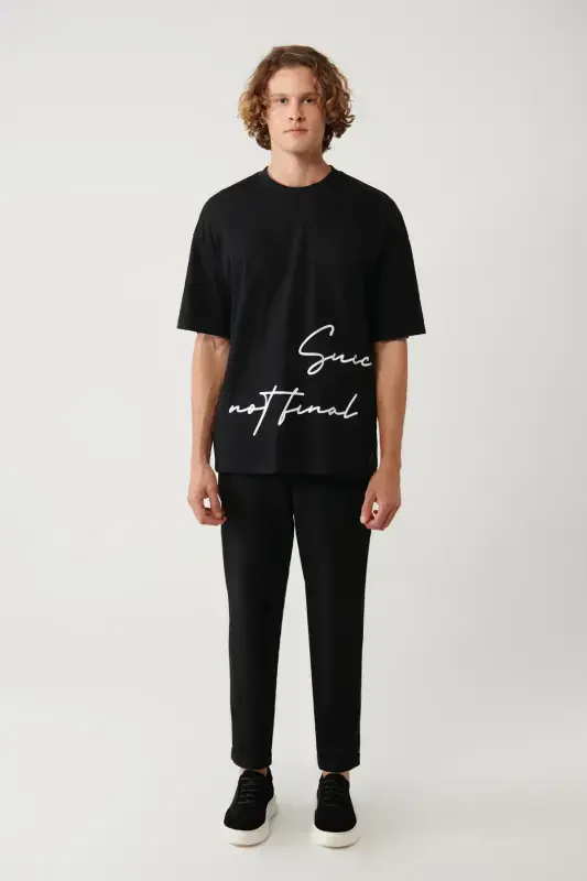 Men's Black Crew Neck Printed Oversize T-shirt A41y1038 - 5