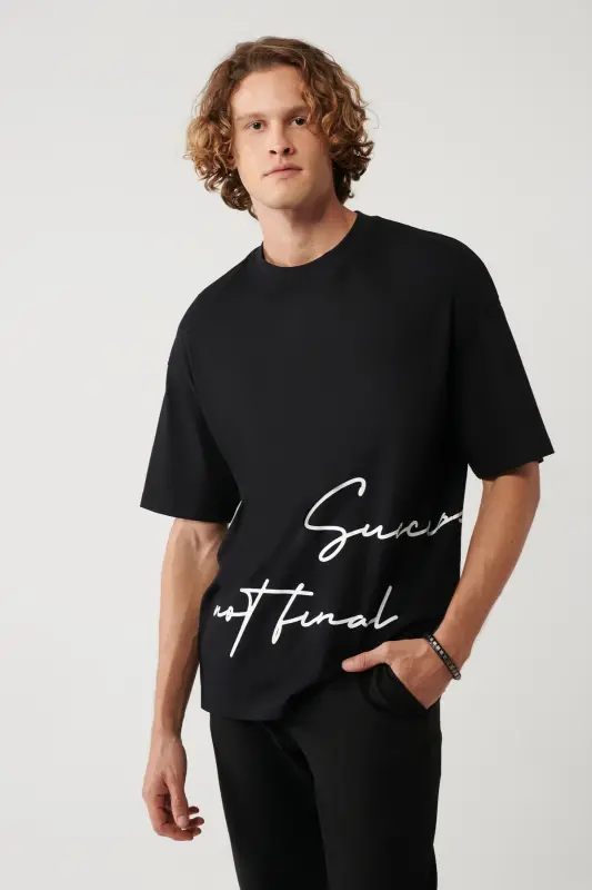Men's Black Crew Neck Printed Oversize T-shirt A41y1038 - 1