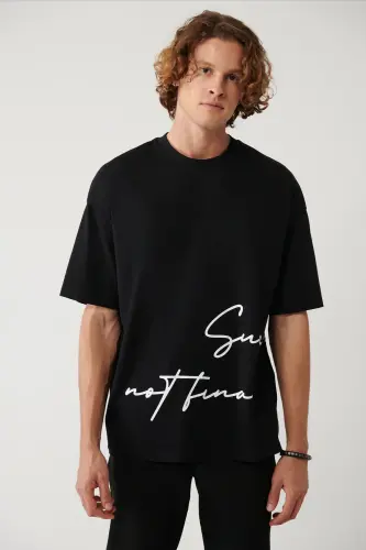 Men's Black Crew Neck Printed Oversize T-shirt A41y1038 - 3