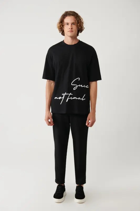 Men's Black Crew Neck Printed Oversize T-shirt A41y1038 - 5