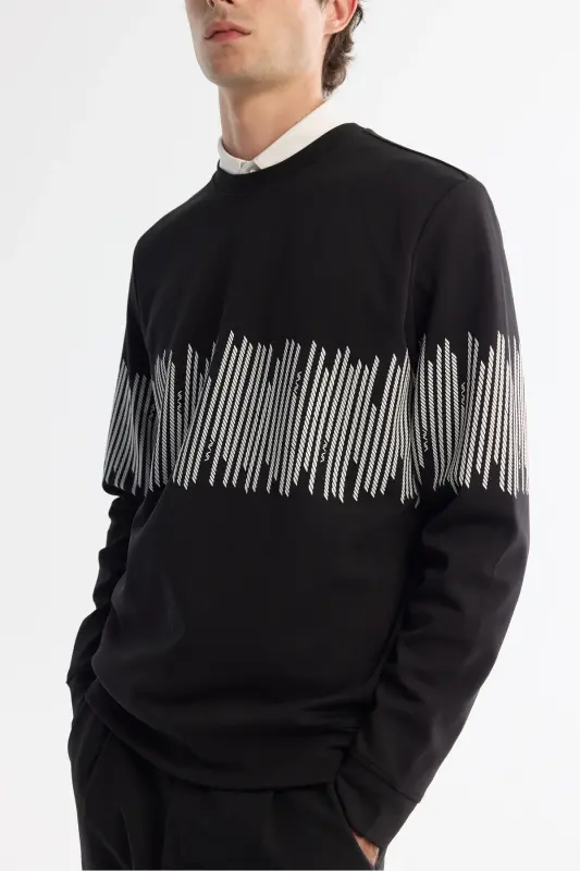 Men's Black Crew Neck Striped Cotton Sweatshirt - 2