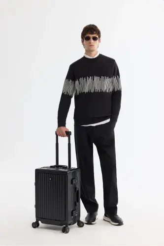 Men's Black Crew Neck Striped Cotton Sweatshirt - 5