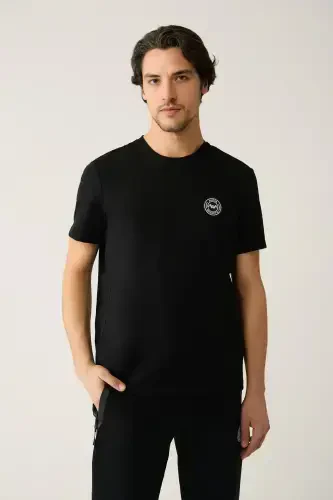 Men's Black Cycling Collar Jersey Fabric Trimmed Regular Fit T-shirt A41y1114 - 1