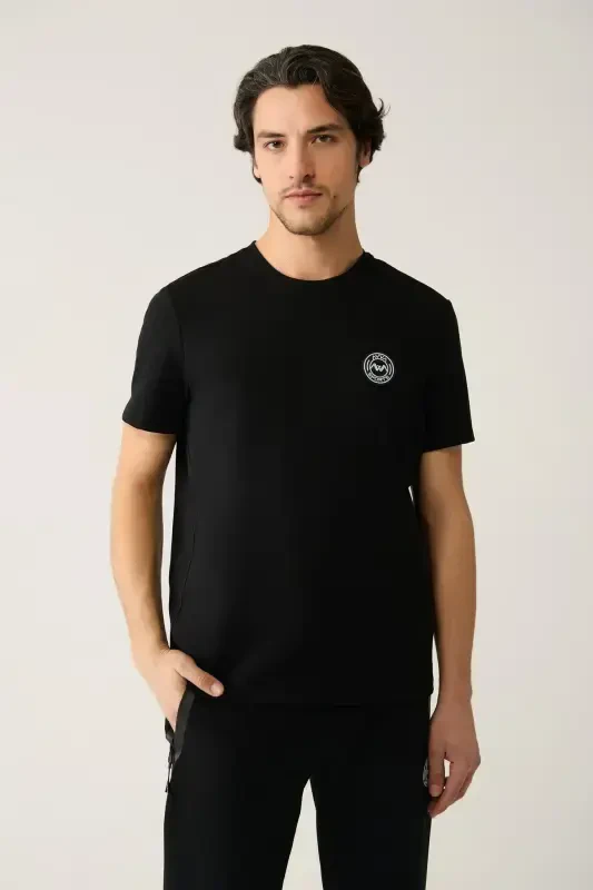 Men's Black Cycling Collar Jersey Fabric Trimmed Regular Fit T-shirt A41y1114 - AVVA