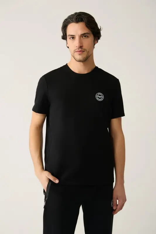 Men's Black Cycling Collar Jersey Fabric Trimmed Regular Fit T-shirt A41y1114 - AVVA