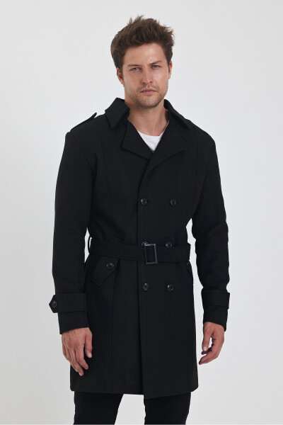 Men's black double-breasted long slim fit cashmere coat - 9