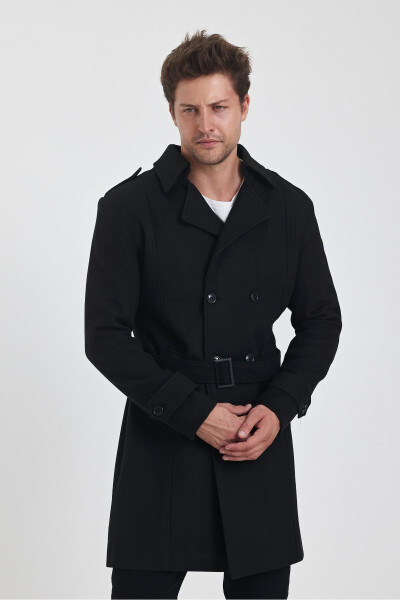 Men's black double-breasted long slim fit cashmere coat - 12