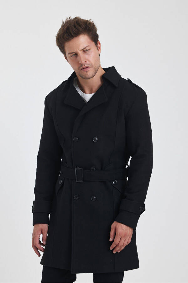 Men's black double-breasted long slim fit cashmere coat - 13