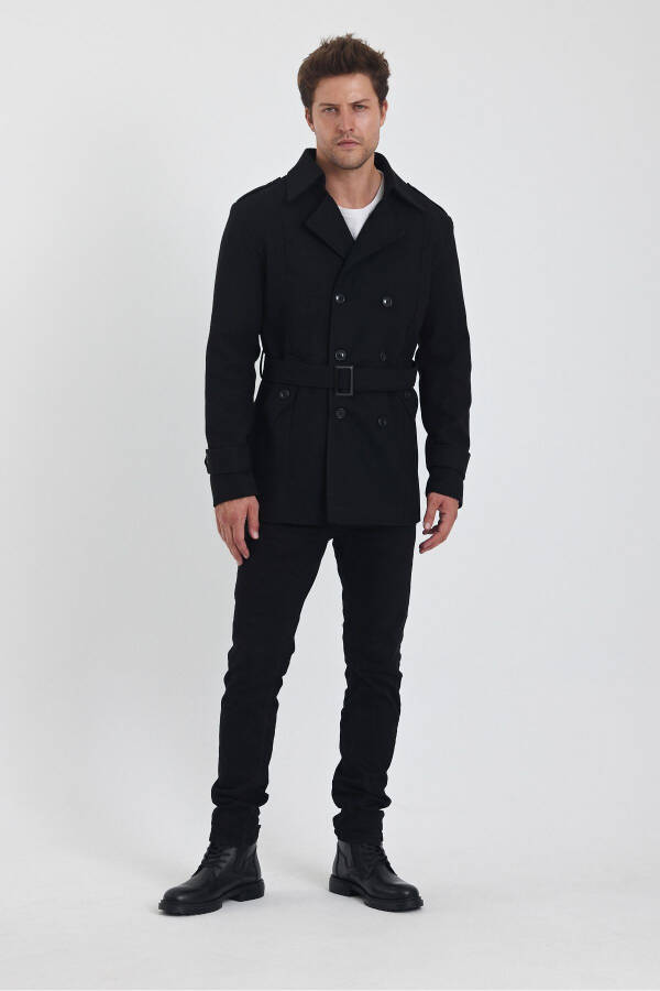 Men's black double-breasted slim fit wool coat - 9