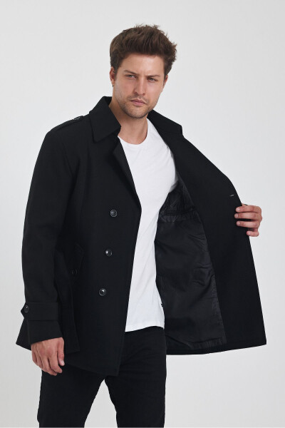 Men's black double-breasted slim fit wool coat - 11