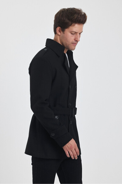 Men's black double-breasted slim fit wool coat - 12