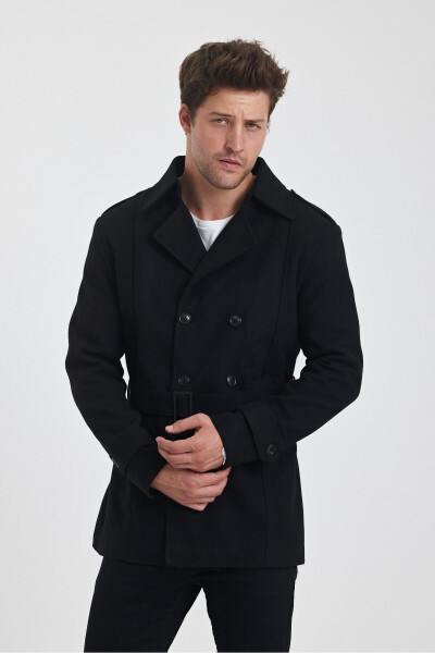 Men's black double-breasted slim fit wool coat - 13