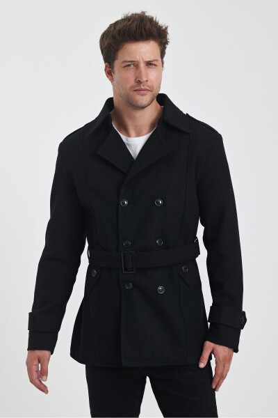 Men's black double-breasted slim fit wool coat - 14