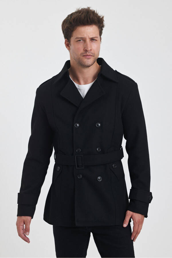 Men's black double-breasted slim fit wool coat - 6