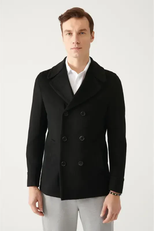 Men's Black Double Breasted Wool Peacoat - AVVA
