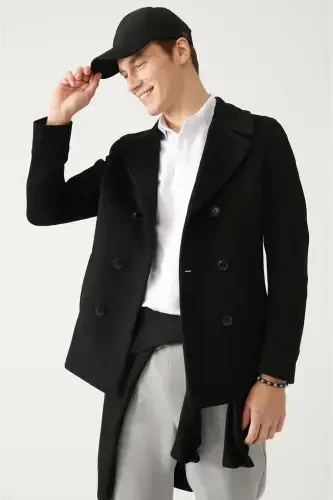 Men's Black Double Breasted Wool Peacoat - 3
