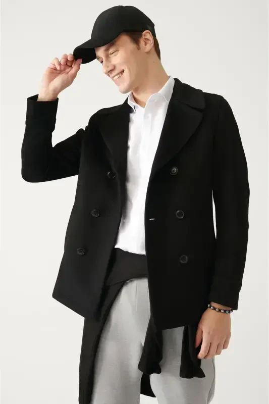 Men's Black Double Breasted Wool Peacoat - 3