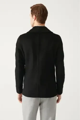 Men's Black Double Breasted Wool Peacoat - 4