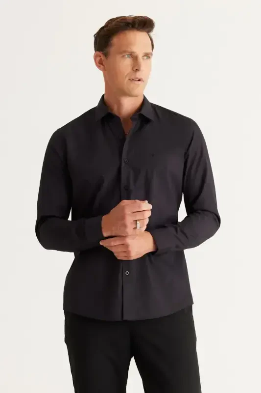 Men's Black Easy Iron Non-Iron Slim Fit Narrow Cut Classic Collar Cotton Shirt-Black - 1