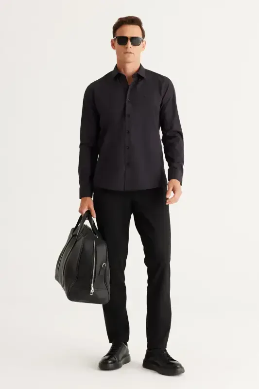 Men's Black Easy Iron Non-Iron Slim Fit Narrow Cut Classic Collar Cotton Shirt-Black - 2