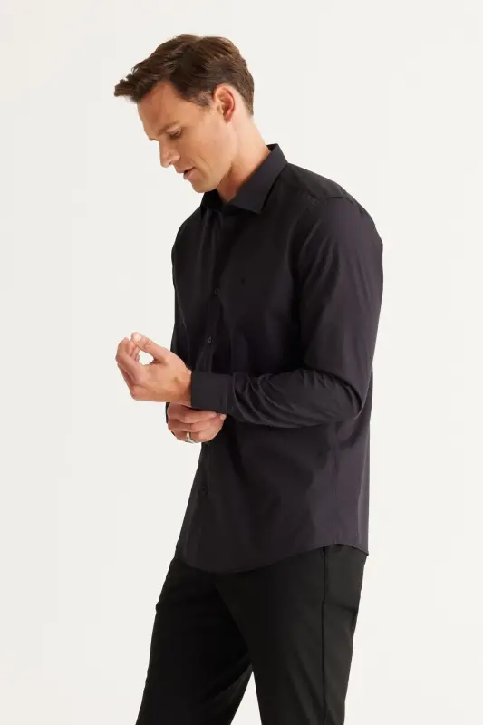 Men's Black Easy Iron Non-Iron Slim Fit Narrow Cut Classic Collar Cotton Shirt-Black - 4