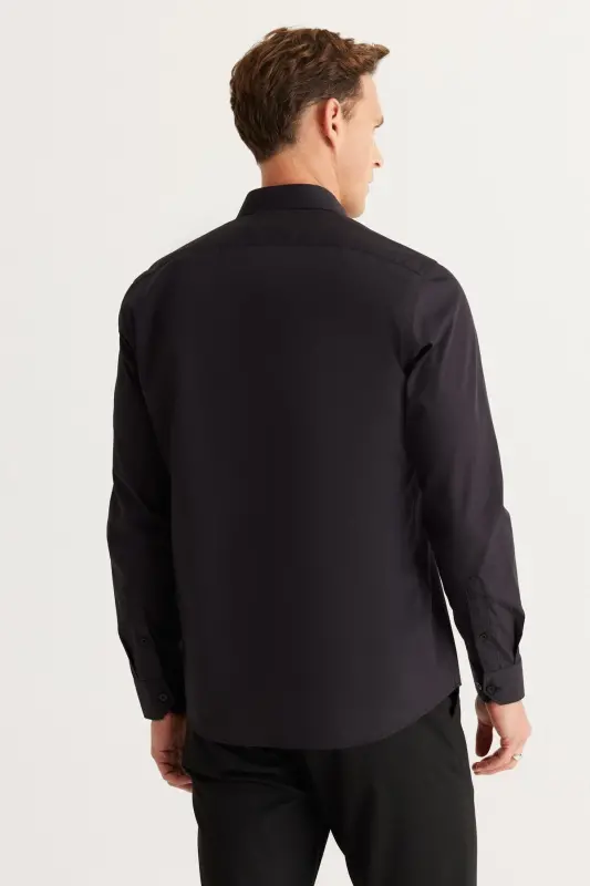 Men's Black Easy Iron Non-Iron Slim Fit Narrow Cut Classic Collar Cotton Shirt-Black - 7