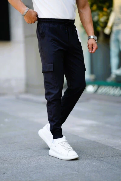 Men's BLACK Elastic Waist Drawstring Cargo Pocket Stretch Slim Fit Jogger Pants - CEYHANPARK