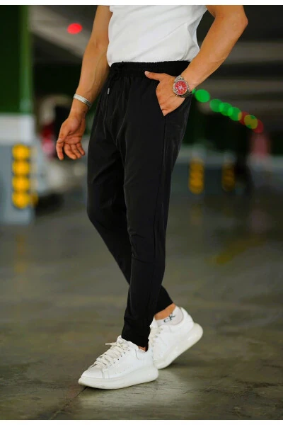 Men's Black Elastic Waist Drawstring Patterned Stretchy Relaxed Fit Jogger Pants - CEYHANPARK