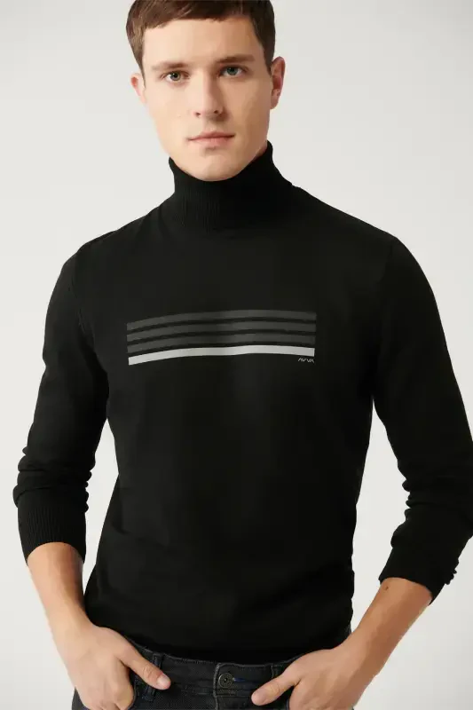 Men's Black Fisherman Neck Knit Sweater - AVVA