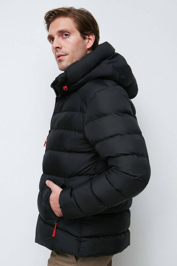 Men's Black Fleece-Lined Hooded Windproof Puffer Winter Jacket - 14