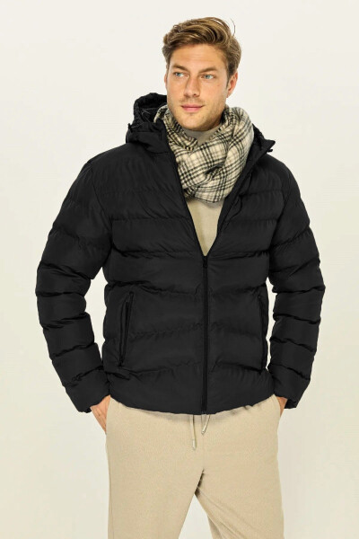 Men's Black Fleece-Lined Hooded Windproof Puffer Winter Jacket - 1