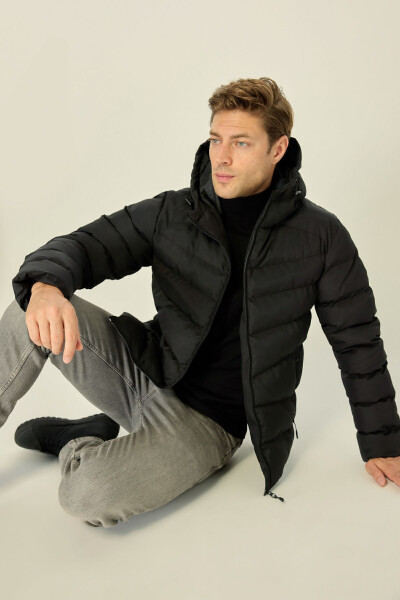 Men's Black Fleece-Lined Hooded Windproof Puffer Winter Jacket - 3