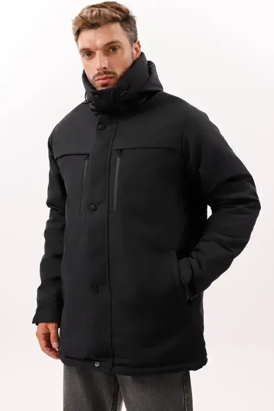 Men's Black Fleece Lined Waterproof Windproof Hooded Winter Jacket & Coat & Parka - 1